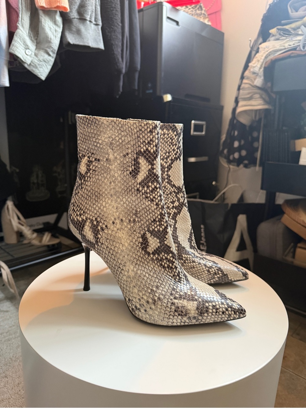 Malo Snake-Print Pointed Toe Stiletto Ankle Boots - White Black